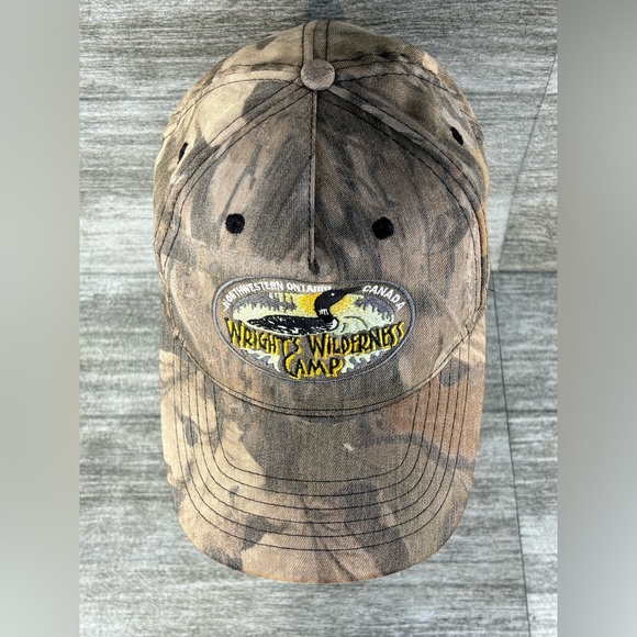 AJM Wrights Wilderness Camp Ontario Canada Camo Adjustable Strap Back Hat OSFA - Picture 6 of 13